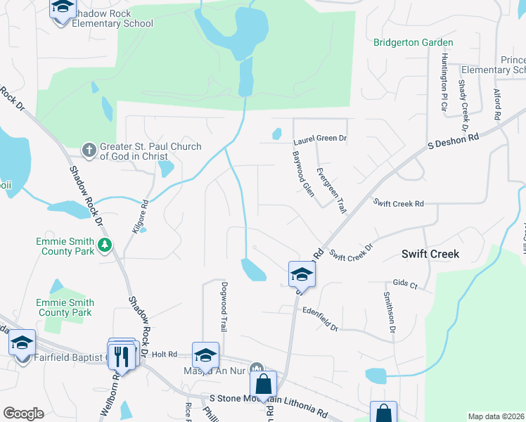 map of restaurants, bars, coffee shops, grocery stores, and more near 6255 Saddlewood Drive in Lithonia