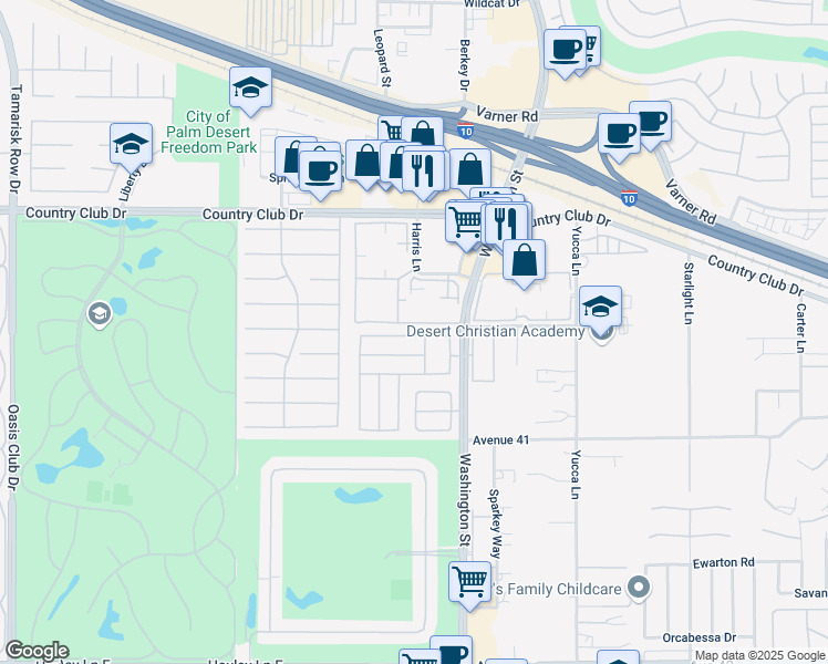 map of restaurants, bars, coffee shops, grocery stores, and more near 77902 Chandler Way in Palm Desert