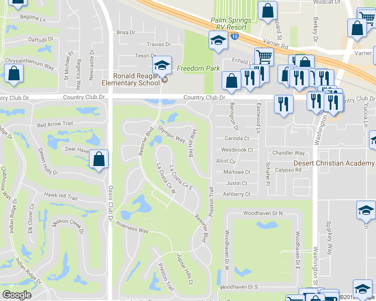 map of restaurants, bars, coffee shops, grocery stores, and more near 40443 Bay Hill Way in Palm Desert