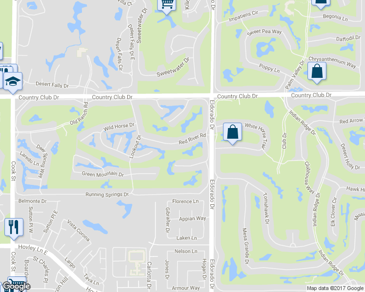 map of restaurants, bars, coffee shops, grocery stores, and more near 379 Red River Road in Palm Desert