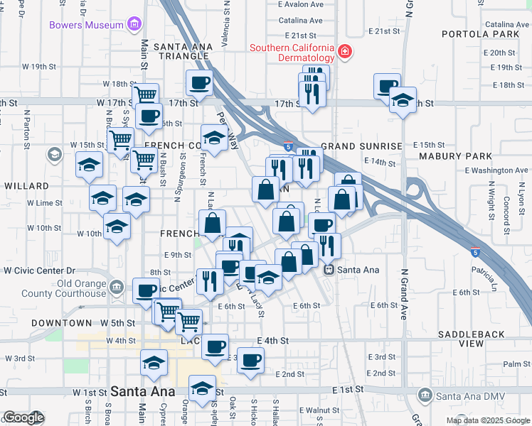 map of restaurants, bars, coffee shops, grocery stores, and more near 700-798 Vance Street in Santa Ana
