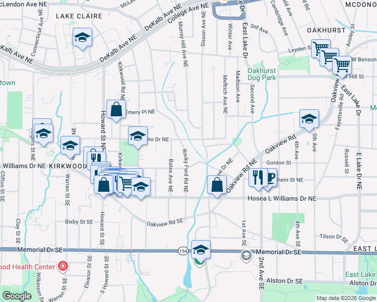 map of restaurants, bars, coffee shops, grocery stores, and more near 93 Rockyford Road Northeast in Atlanta
