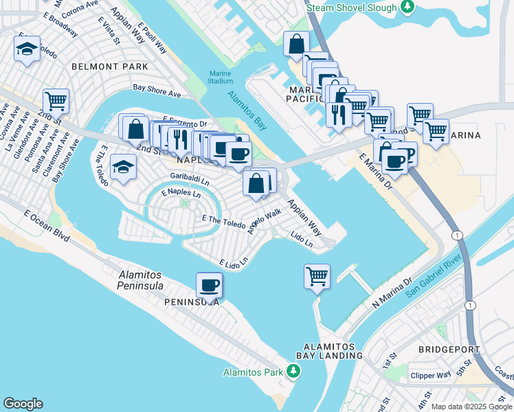 map of restaurants, bars, coffee shops, grocery stores, and more near 5920 East Naples Plaza in Long Beach