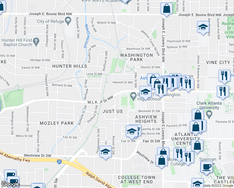 map of restaurants, bars, coffee shops, grocery stores, and more near Martin Luther King Jr Dr SW & Hunter Pl NW in Atlanta