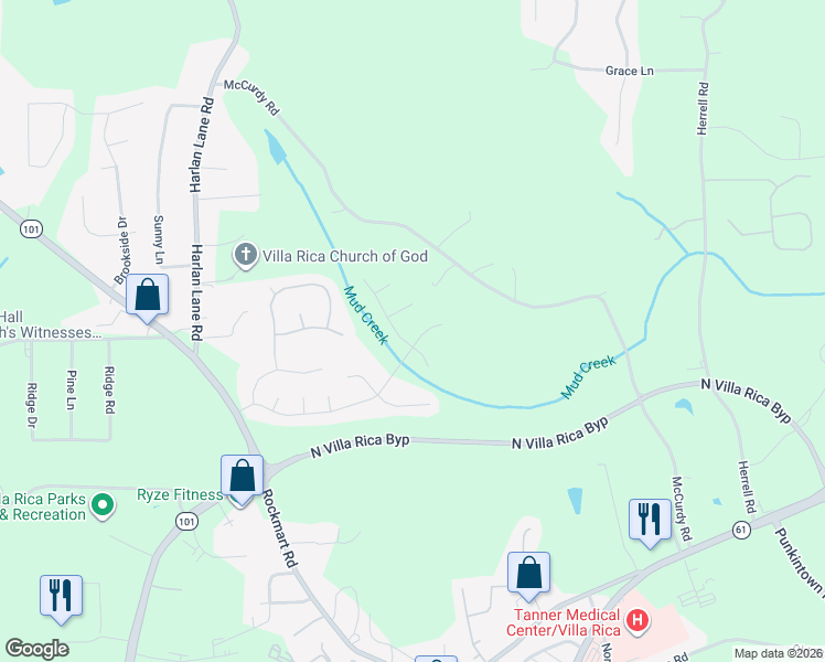 map of restaurants, bars, coffee shops, grocery stores, and more near 164 Reid Plantation Drive in Villa Rica