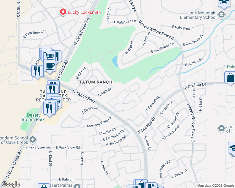 map of restaurants, bars, coffee shops, grocery stores, and more near 4732 East Casey Lane in Cave Creek