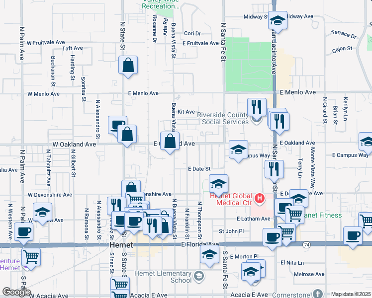 map of restaurants, bars, coffee shops, grocery stores, and more near 463 North Franklin Street in Hemet