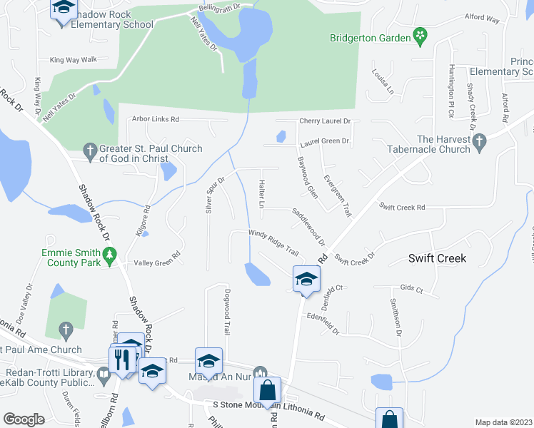 map of restaurants, bars, coffee shops, grocery stores, and more near 6255 Saddlewood Drive in Lithonia