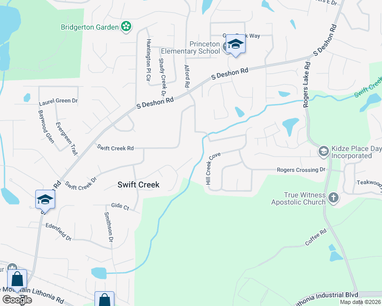 map of restaurants, bars, coffee shops, grocery stores, and more near 1305 Sandybrook Court in Lithonia