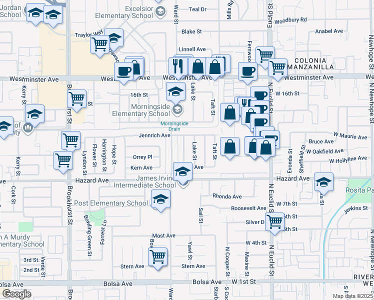 map of restaurants, bars, coffee shops, grocery stores, and more near 14352 Jessica St in Garden Grove