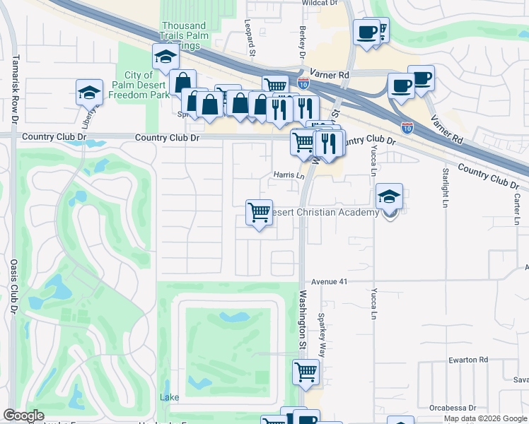 map of restaurants, bars, coffee shops, grocery stores, and more near 77912 Chandler Way in Palm Desert