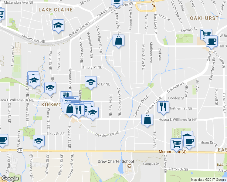 map of restaurants, bars, coffee shops, grocery stores, and more near 93 Bates Avenue Northeast in Atlanta