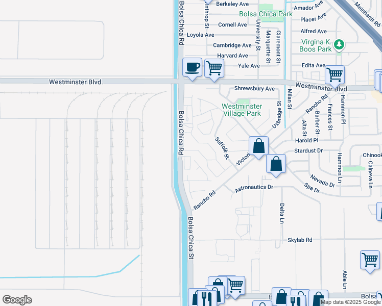 map of restaurants, bars, coffee shops, grocery stores, and more near 5042 Hampton Court in Westminster