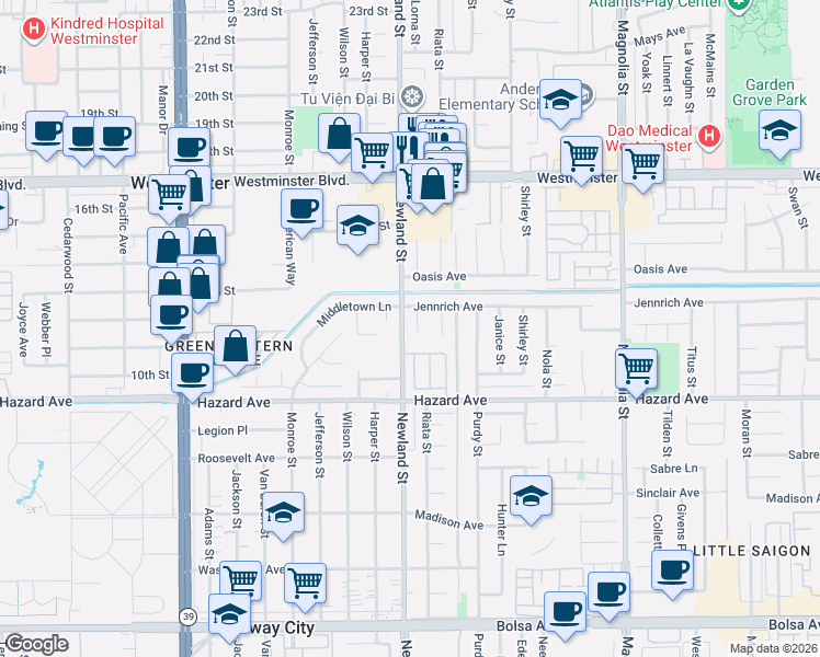 map of restaurants, bars, coffee shops, grocery stores, and more near 14331 Riata Street in Westminster