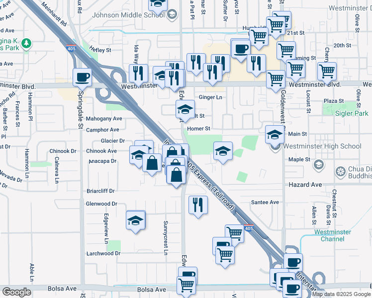 map of restaurants, bars, coffee shops, grocery stores, and more near 14281 Edwards Street in Westminster