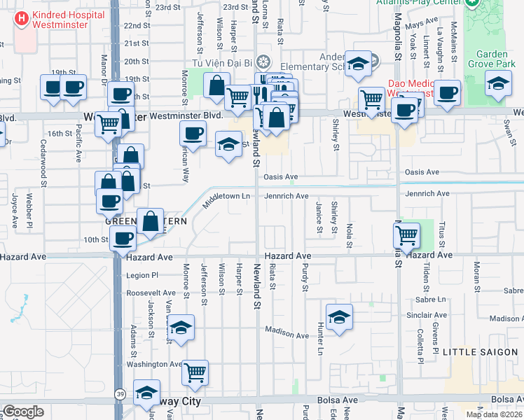 map of restaurants, bars, coffee shops, grocery stores, and more near 14321 Riata Street in Westminster