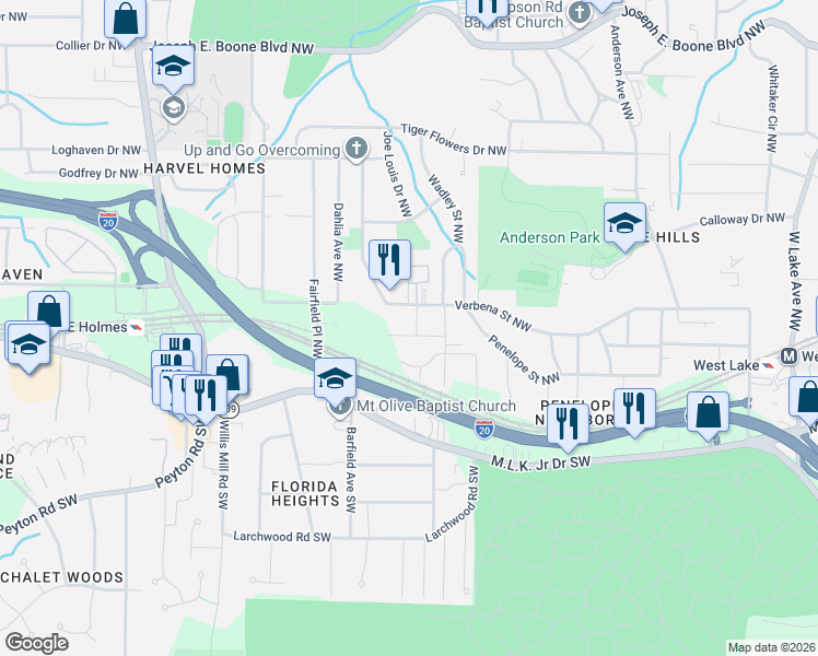 map of restaurants, bars, coffee shops, grocery stores, and more near 117 Lamar Avenue Northwest in Atlanta