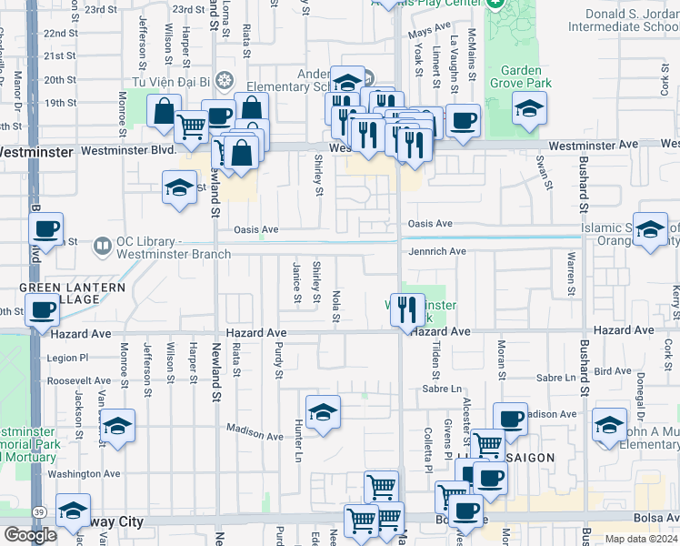 map of restaurants, bars, coffee shops, grocery stores, and more near 14338 Nola Street in Westminster