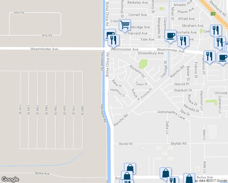 map of restaurants, bars, coffee shops, grocery stores, and more near 5052 Hampton Court in Westminster