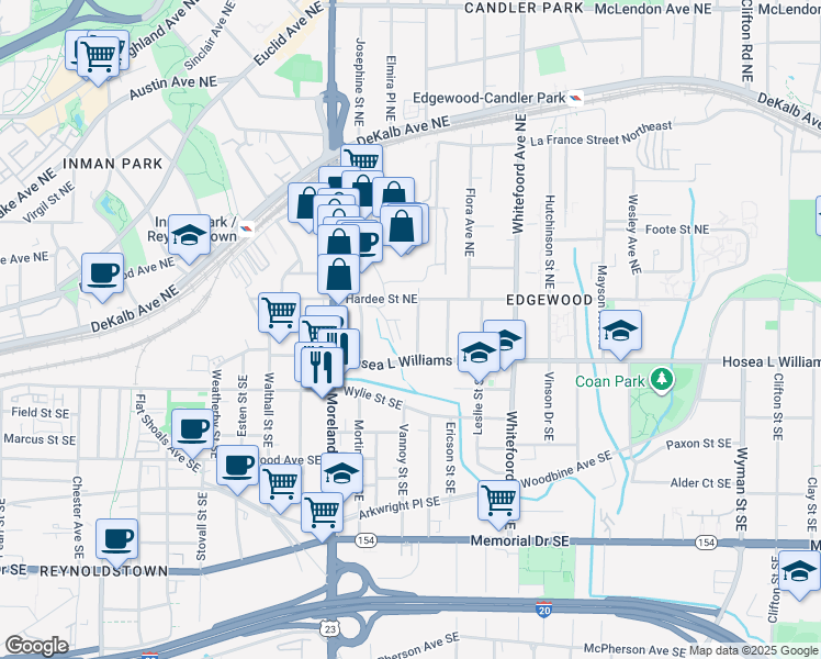 map of restaurants, bars, coffee shops, grocery stores, and more near 34 Sanderson Street Northeast in Atlanta