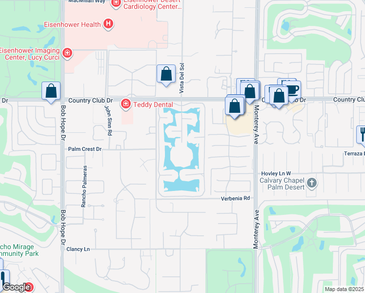 map of restaurants, bars, coffee shops, grocery stores, and more near 195 Desert Lakes Drive in Rancho Mirage
