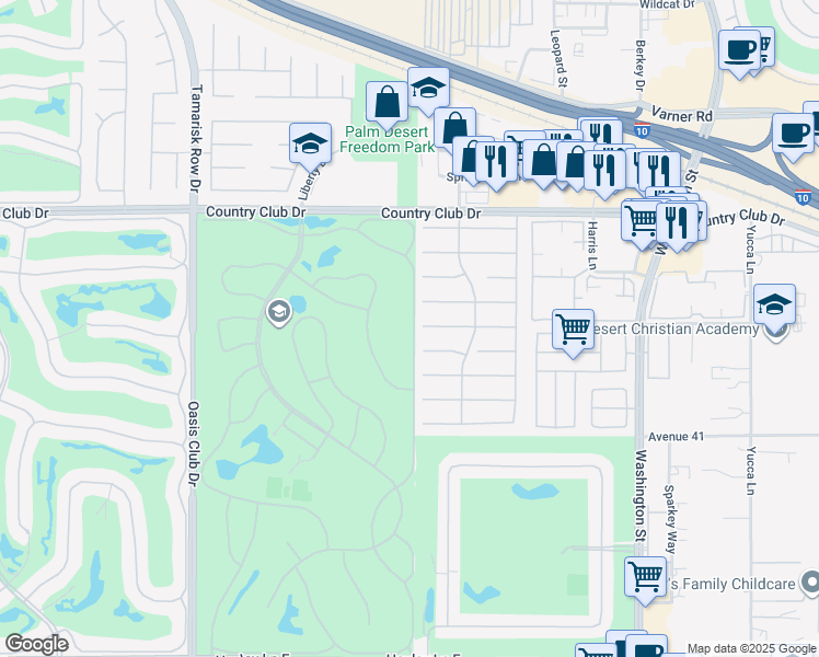 map of restaurants, bars, coffee shops, grocery stores, and more near 40541 Preston Trail in Palm Desert