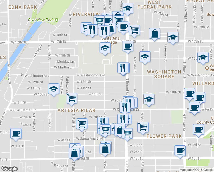 map of restaurants, bars, coffee shops, grocery stores, and more near 1429 West 11th Street in Santa Ana