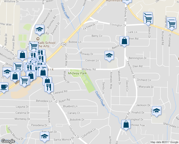 map of restaurants, bars, coffee shops, grocery stores, and more near 3227 Midway Road in Decatur