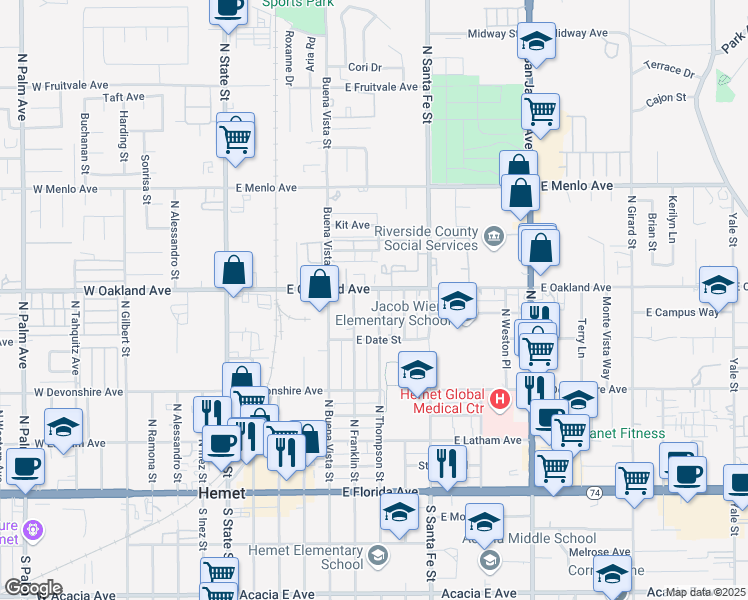 map of restaurants, bars, coffee shops, grocery stores, and more near 453 North Thompson Street in Hemet