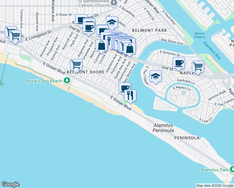 map of restaurants, bars, coffee shops, grocery stores, and more near 30 Bay Shore Avenue in Long Beach
