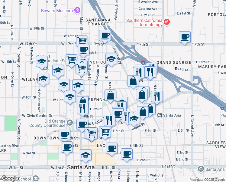 map of restaurants, bars, coffee shops, grocery stores, and more near 502 East Wellington Avenue in Santa Ana