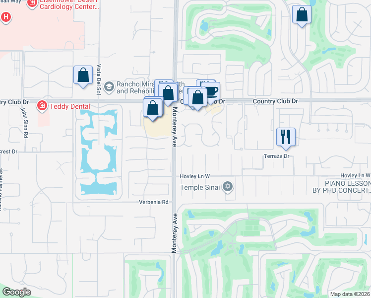 map of restaurants, bars, coffee shops, grocery stores, and more near 40464 Periwinkle Court in Palm Desert