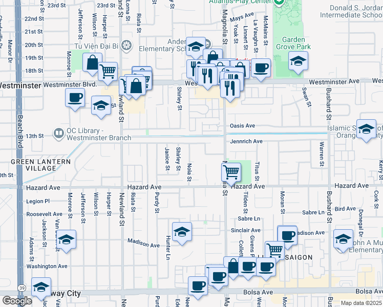 map of restaurants, bars, coffee shops, grocery stores, and more near 14338 Nola Street in Westminster