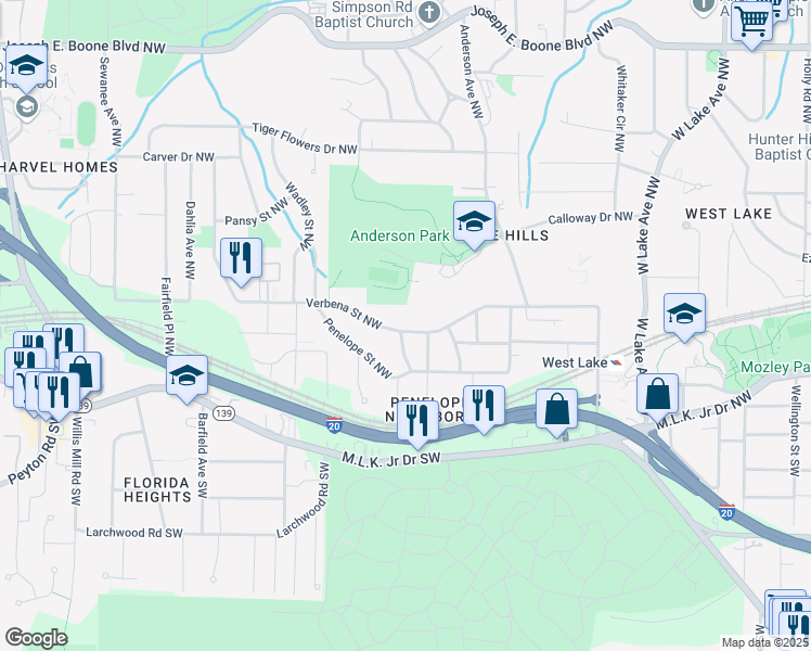 map of restaurants, bars, coffee shops, grocery stores, and more near 2045 Verbena Street Northwest in Atlanta