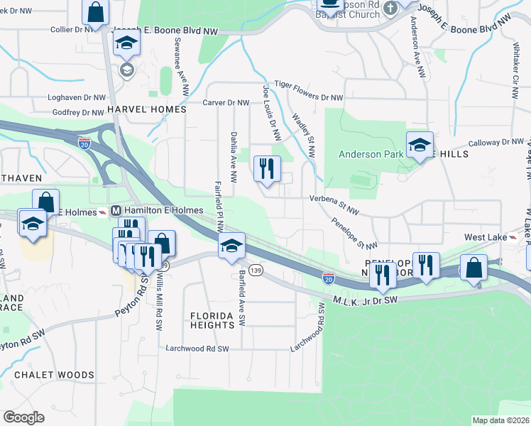 map of restaurants, bars, coffee shops, grocery stores, and more near 2207 Vesta Avenue Northwest in Atlanta
