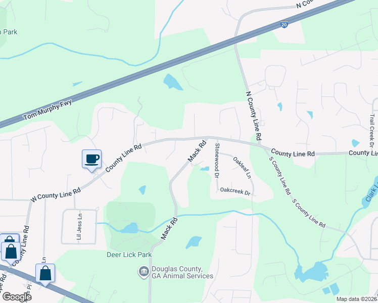 map of restaurants, bars, coffee shops, grocery stores, and more near 1895 Mack Road in Douglasville