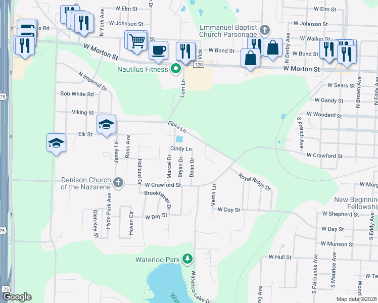 map of restaurants, bars, coffee shops, grocery stores, and more near 508 Bryan Drive in Denison