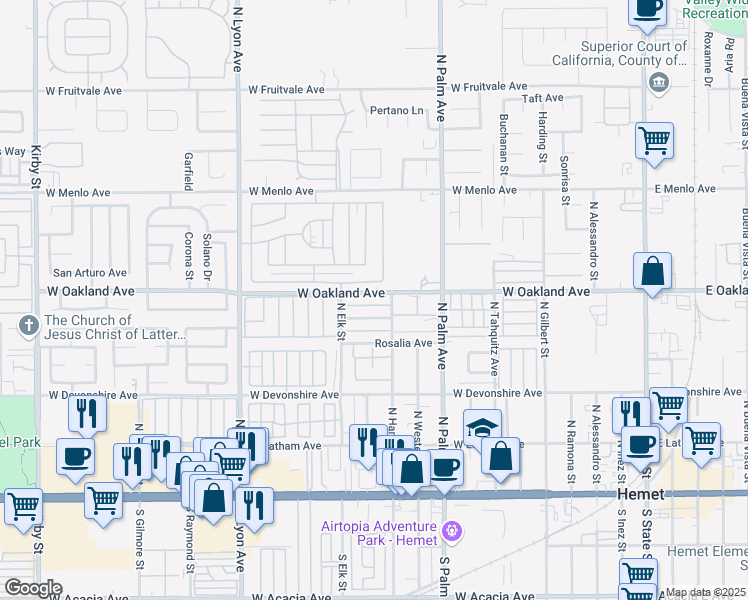 map of restaurants, bars, coffee shops, grocery stores, and more near 1175 West Oakland Avenue in Hemet