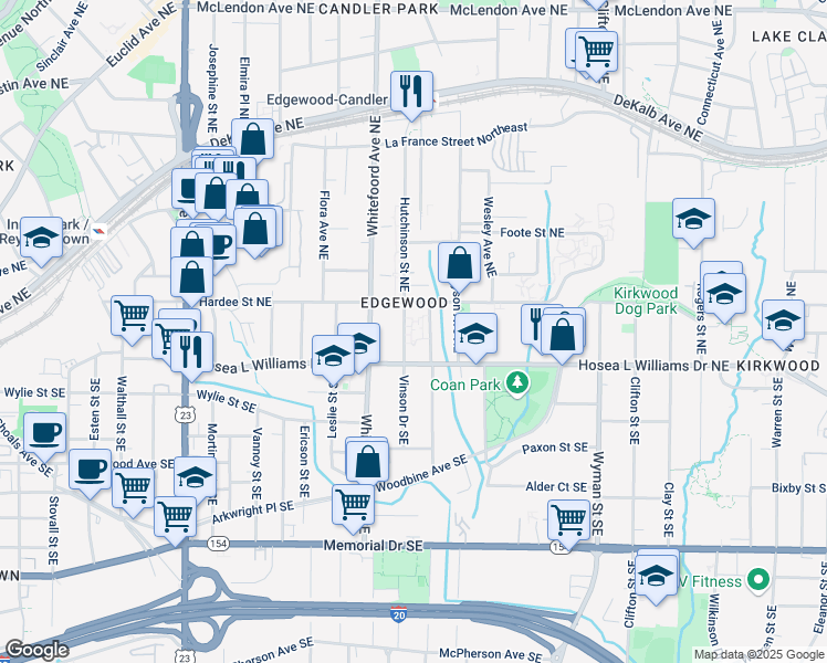 map of restaurants, bars, coffee shops, grocery stores, and more near 3739 Hutchinson Street Northeast in Atlanta