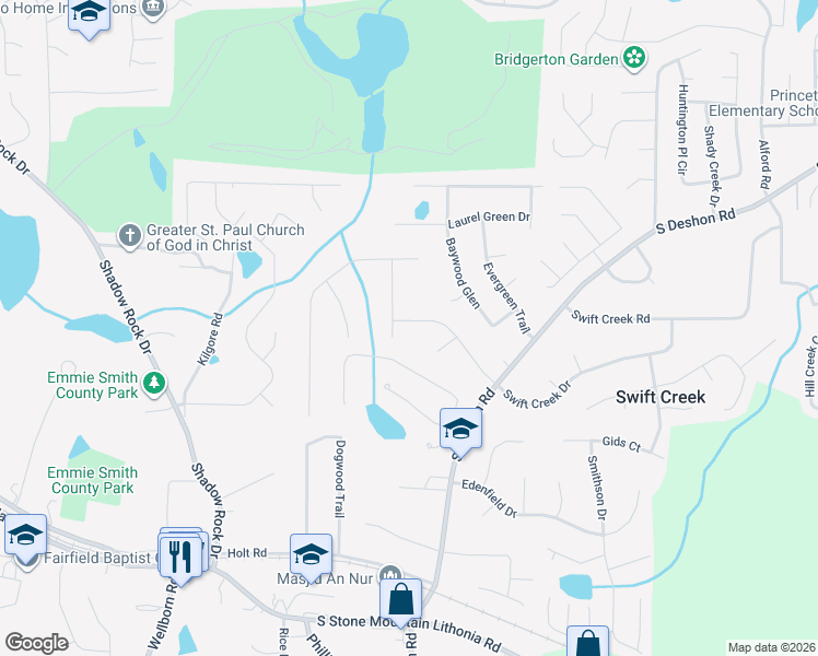 map of restaurants, bars, coffee shops, grocery stores, and more near 6265 Saddlewood Drive in Lithonia