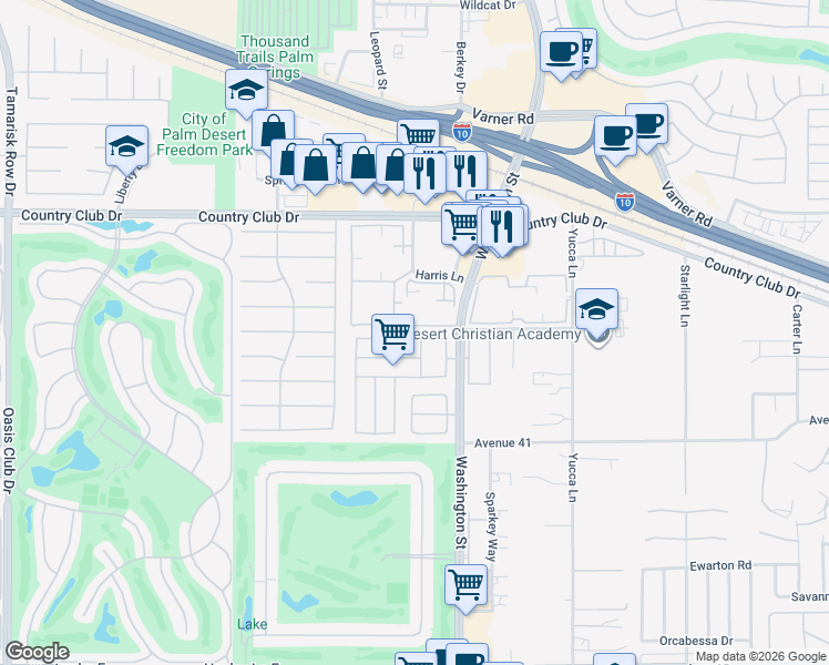 map of restaurants, bars, coffee shops, grocery stores, and more near 77912 Chandler Way in Palm Desert