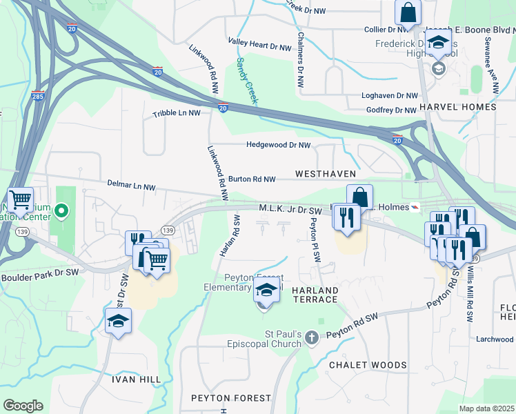 map of restaurants, bars, coffee shops, grocery stores, and more near 2533 Martin Luther King Junior Drive Southwest in Atlanta