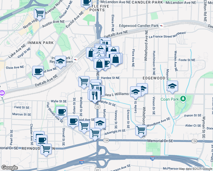 map of restaurants, bars, coffee shops, grocery stores, and more near 31 Screven Street Northeast in Atlanta
