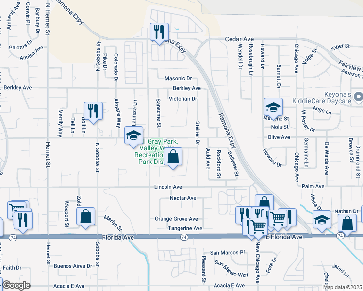 map of restaurants, bars, coffee shops, grocery stores, and more near 5608 Cheryl Street in Hemet