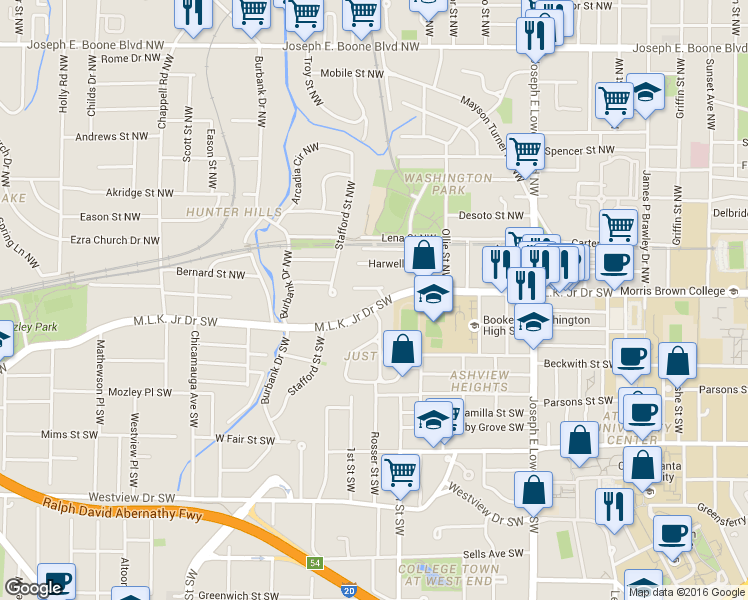map of restaurants, bars, coffee shops, grocery stores, and more near 1111 Martin Luther King Junior Drive Southwest in Atlanta