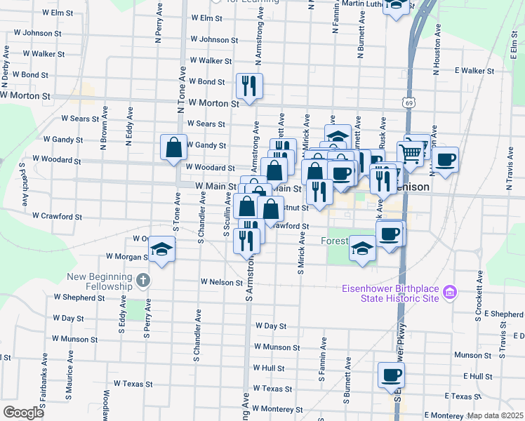 map of restaurants, bars, coffee shops, grocery stores, and more near 729 West Chestnut Street in Denison
