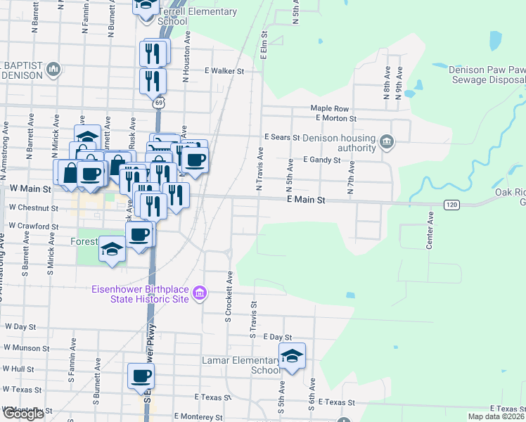 map of restaurants, bars, coffee shops, grocery stores, and more near 323 East Chestnut Street in Denison