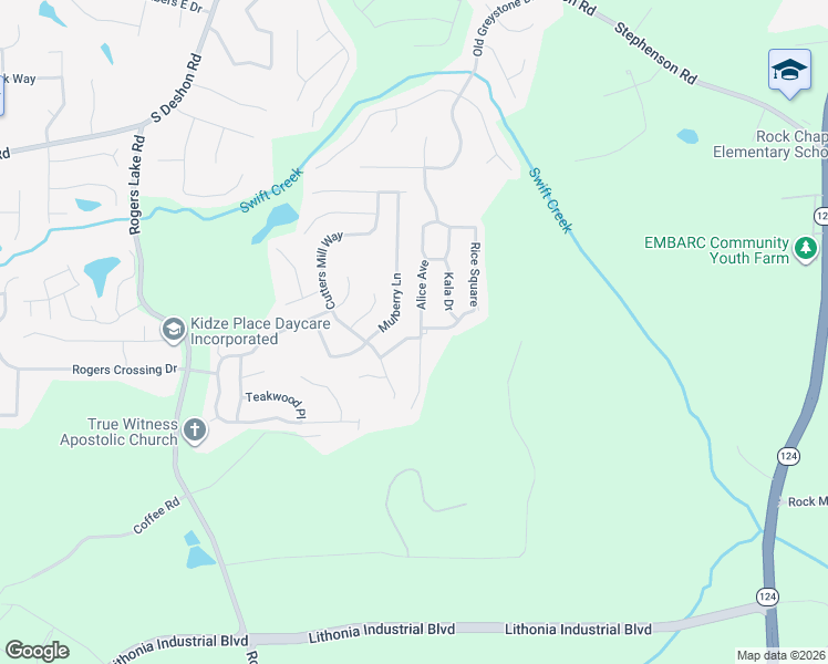 map of restaurants, bars, coffee shops, grocery stores, and more near 1439 Alice Avenue in Lithonia