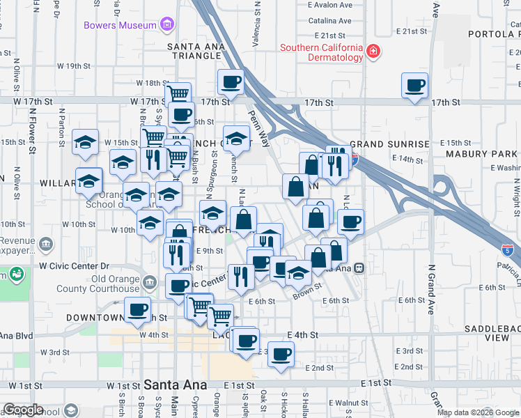 map of restaurants, bars, coffee shops, grocery stores, and more near 934 North Garfield Street in Santa Ana