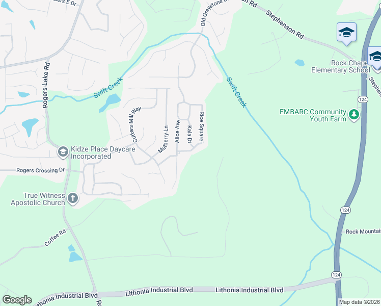 map of restaurants, bars, coffee shops, grocery stores, and more near 1728 Rice Square in Lithonia